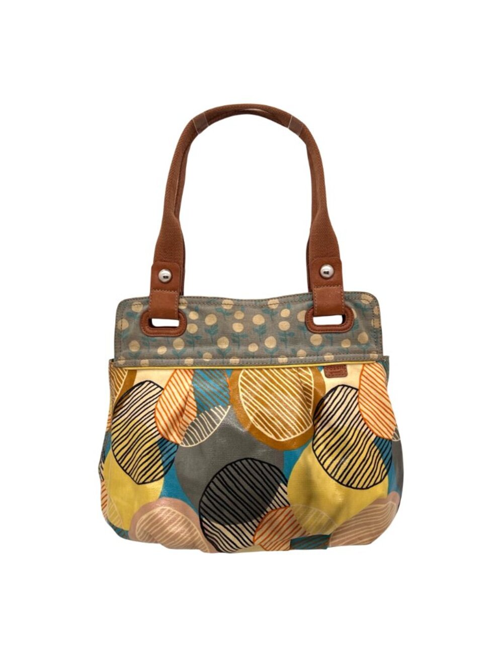 Fossil Key-Per Multicolor Coated Canvas Tote Purse Leather Handles Zipper Pocket - Picture 2 of 16